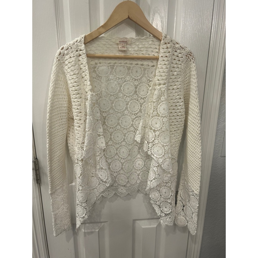 Sundance Womens XS White Cotton Crochet Lace Open‎ Front Cardigan Boho Sweater